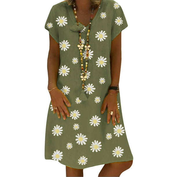 Clearance! Ladies Casual Three Quarter Sleeve V-Neck Beach Dress Plus Size S-5XL Womens Loose Floral Print Mini Dress 